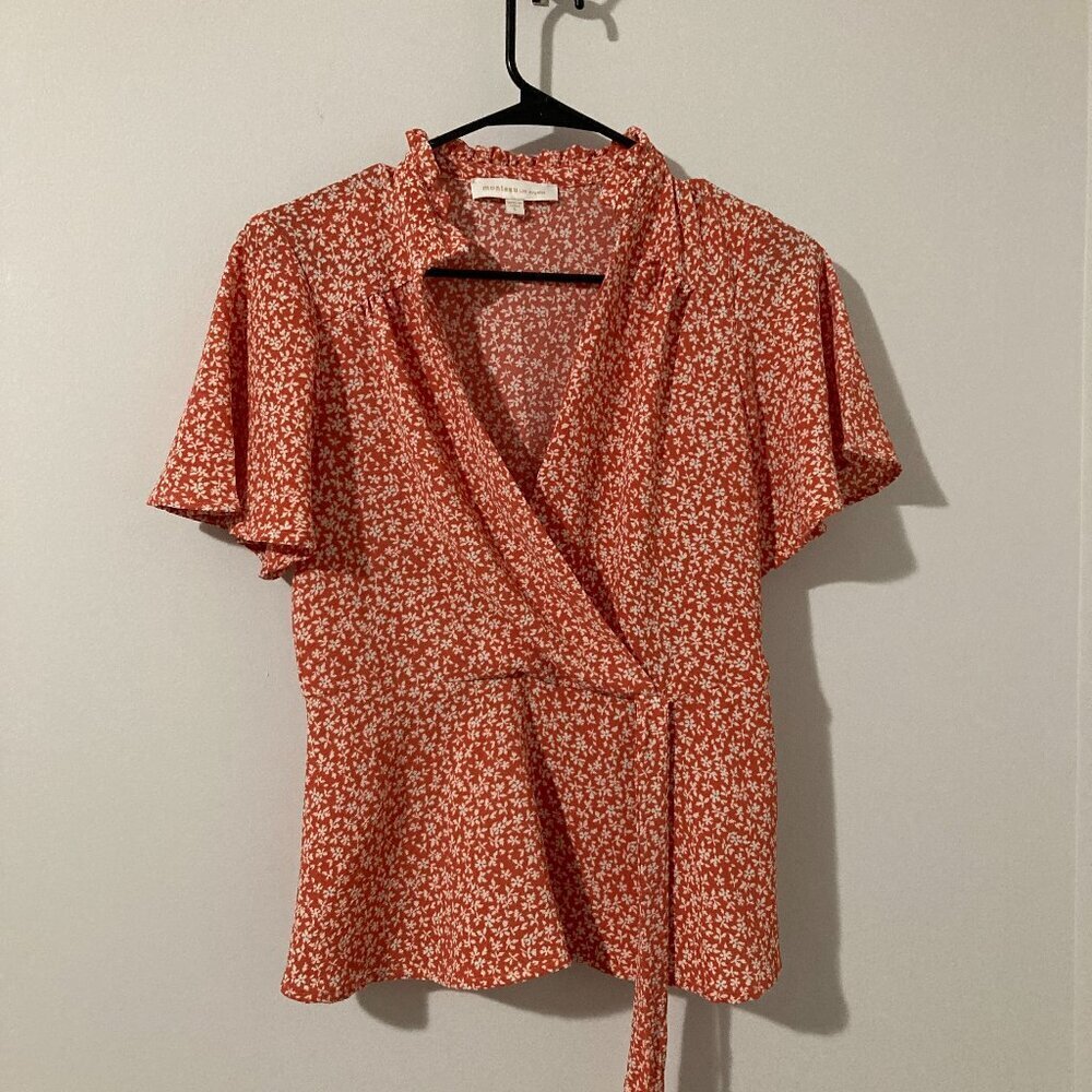 Wrap Blouse Womens L Orange Pink Floral Flutter Sleeve Ruffle Core Top Feminine